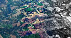 Satellite image of farmlands, edited to fade from a color image on the left, to black and white on the right